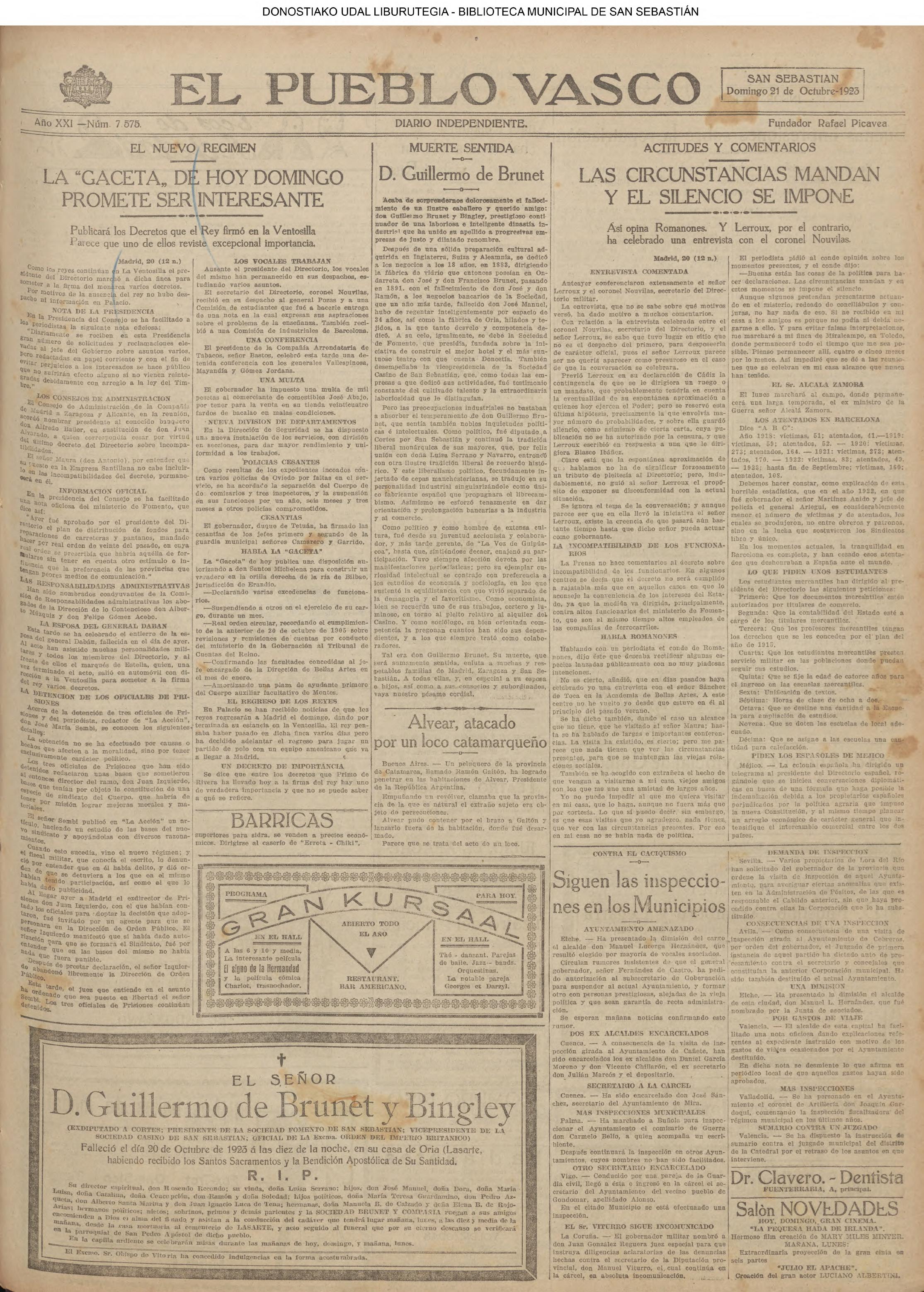 Portada de El Pueblo Vasco de 1923 con la necrológica Muerte sentida, Don Guillermo de Brunet.